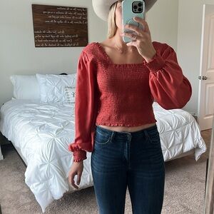 Rustic burnt orange silk long sleep crop top.